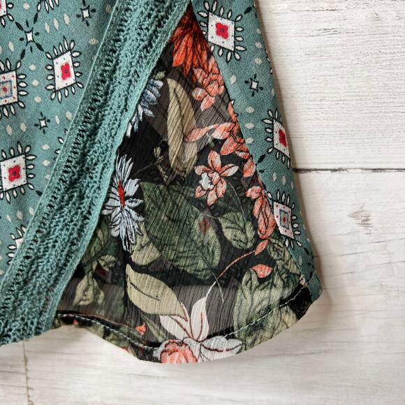 Anthropologie Tiny Blouse Womens Size Medium Teal Floral Geometric Sheer Wrap - Picture 5 of 16